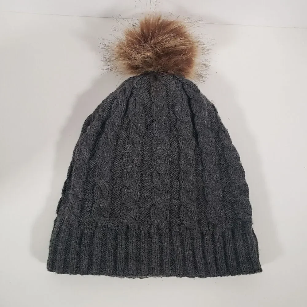 Beanie Hat Women's OS Gray‎ Knit Chunky Fleece Lined Faux Fur Pom Pom